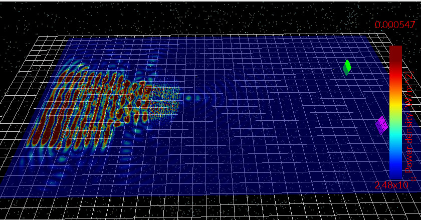 FDTD snapshot showing the wavefront hitting the lens, strong reflection back toward the source, transmission through the lens, and focusing.