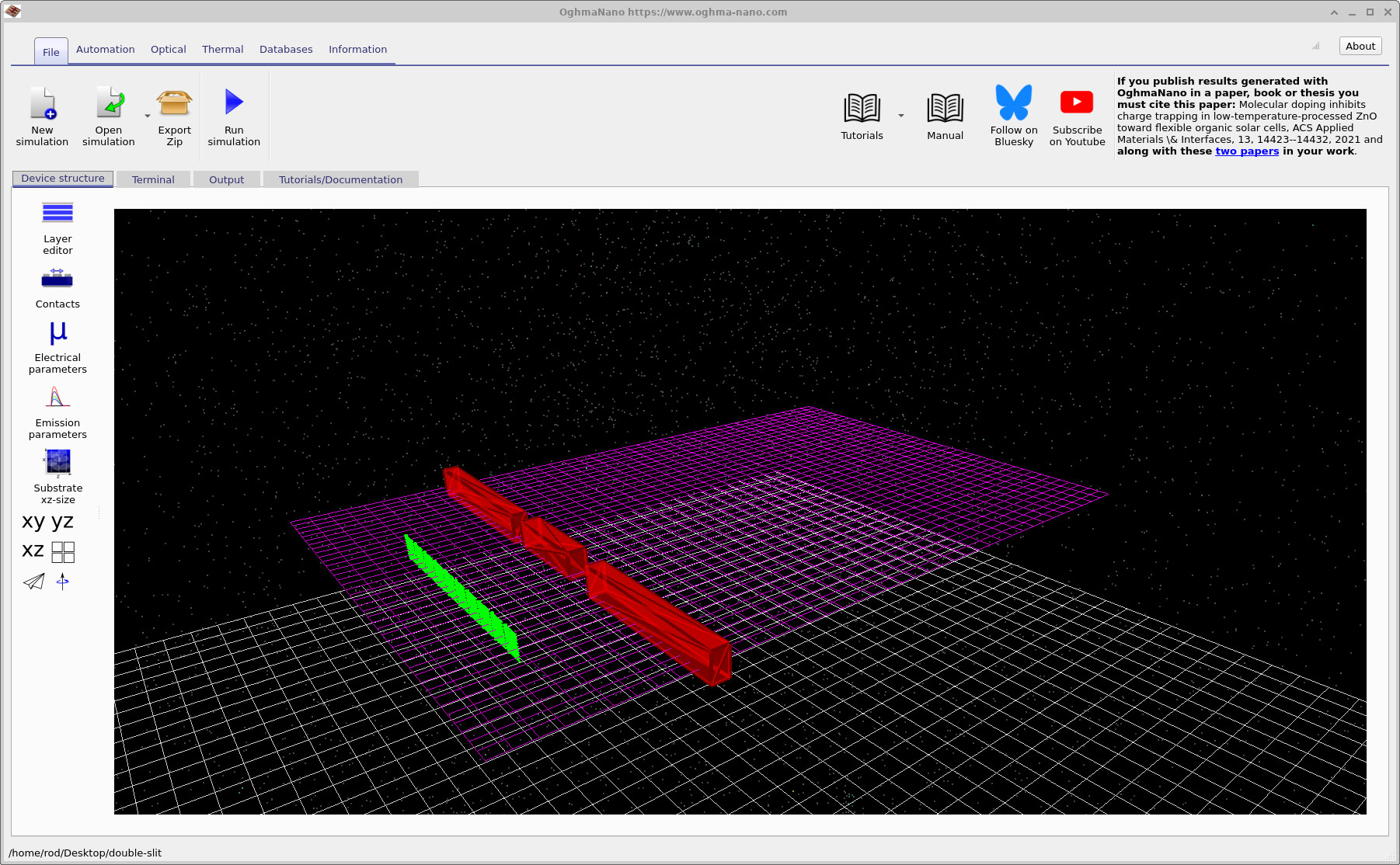 Main OghmaNano window showing the Double slit FDTD example loaded.