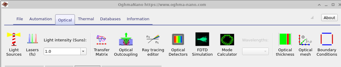 OghmaNano Optical ribbon highlighting the Optical Detectors icon (CCD camera).