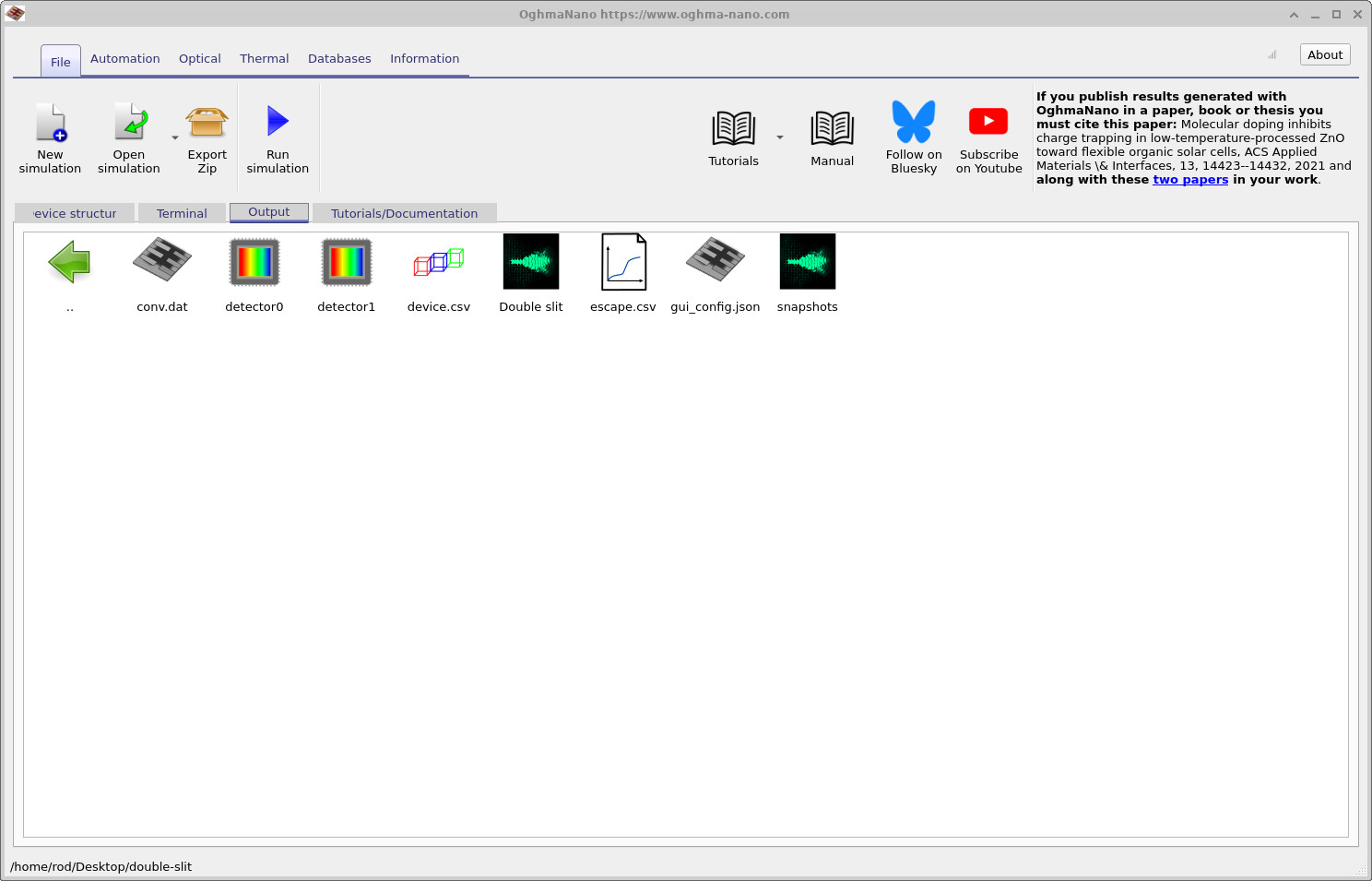 Output tab showing new detector0 and detector1 items after enabling detectors and rerunning.