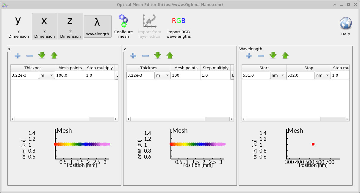 Optical mesh editor configured for a 2D XZ simulation by suppressing the Y dimension.