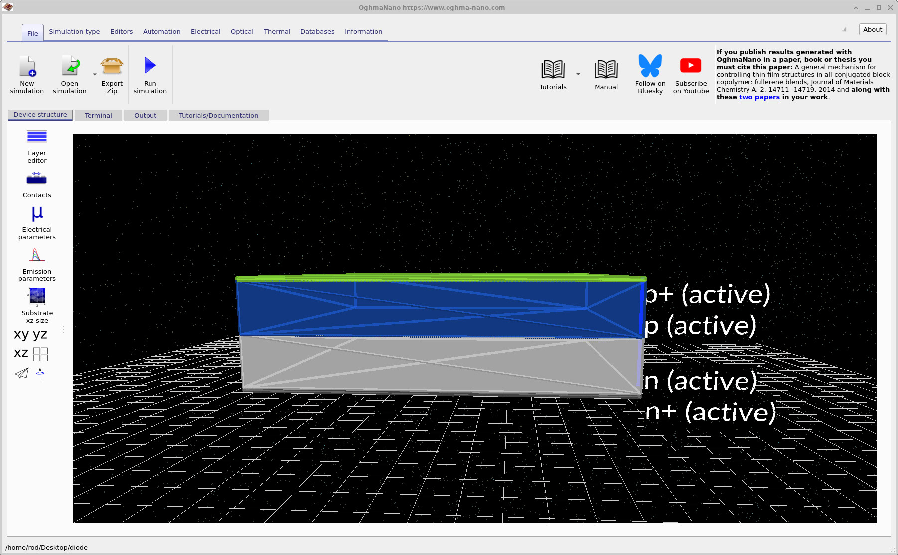 Main OghmaNano window showing a 3D view of the gallium arsenide (GaAs) PN junction device structure