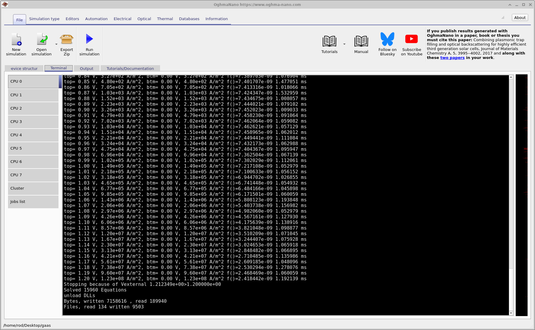 Terminal output showing solver progress during a diode I–V sweep