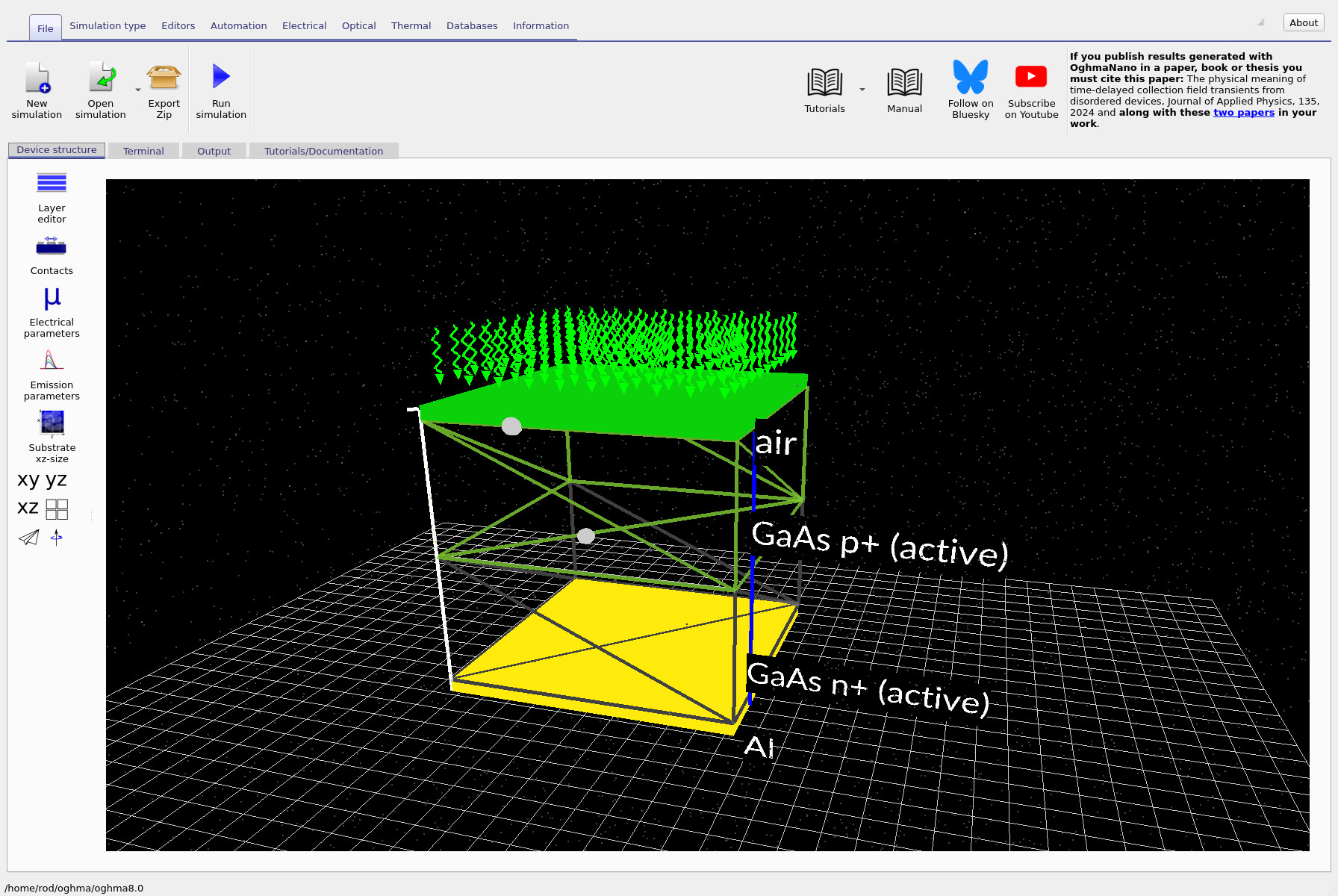 Device view showing green arrows above the device indicating illumination is enabled.