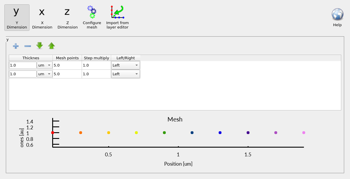 Mesh editor showing only Y enabled (1D) after disabling X and Z.