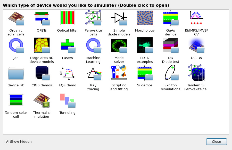 New simulation library window showing multiple device categories including GaAs demos.