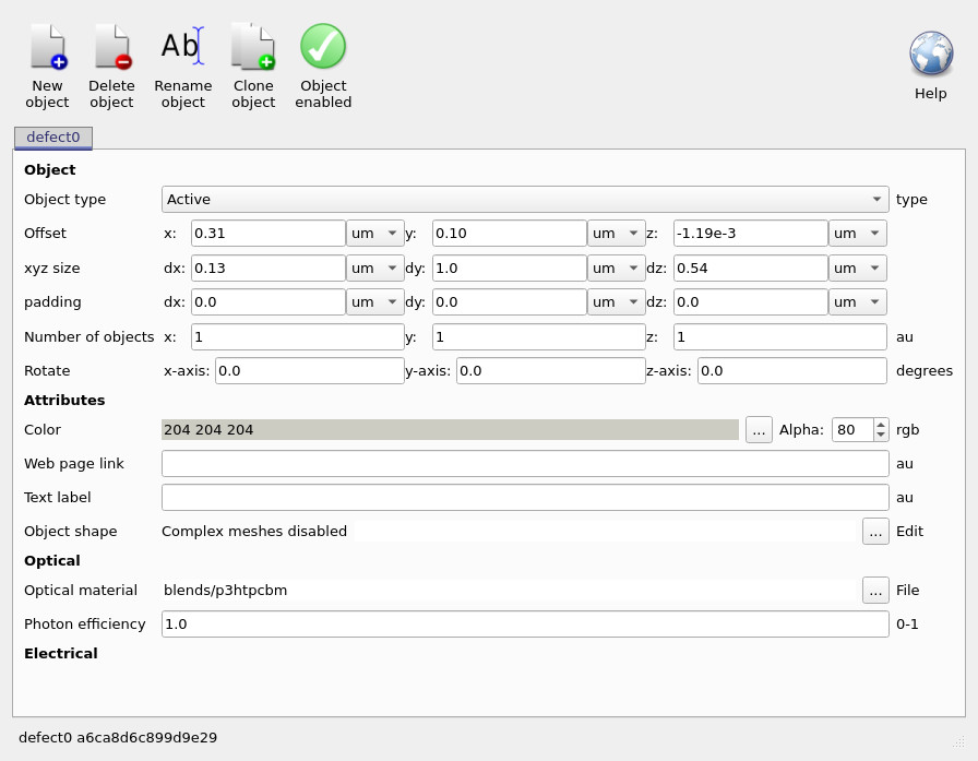Object editor showing the defect object with the Object enabled (green tick) control.