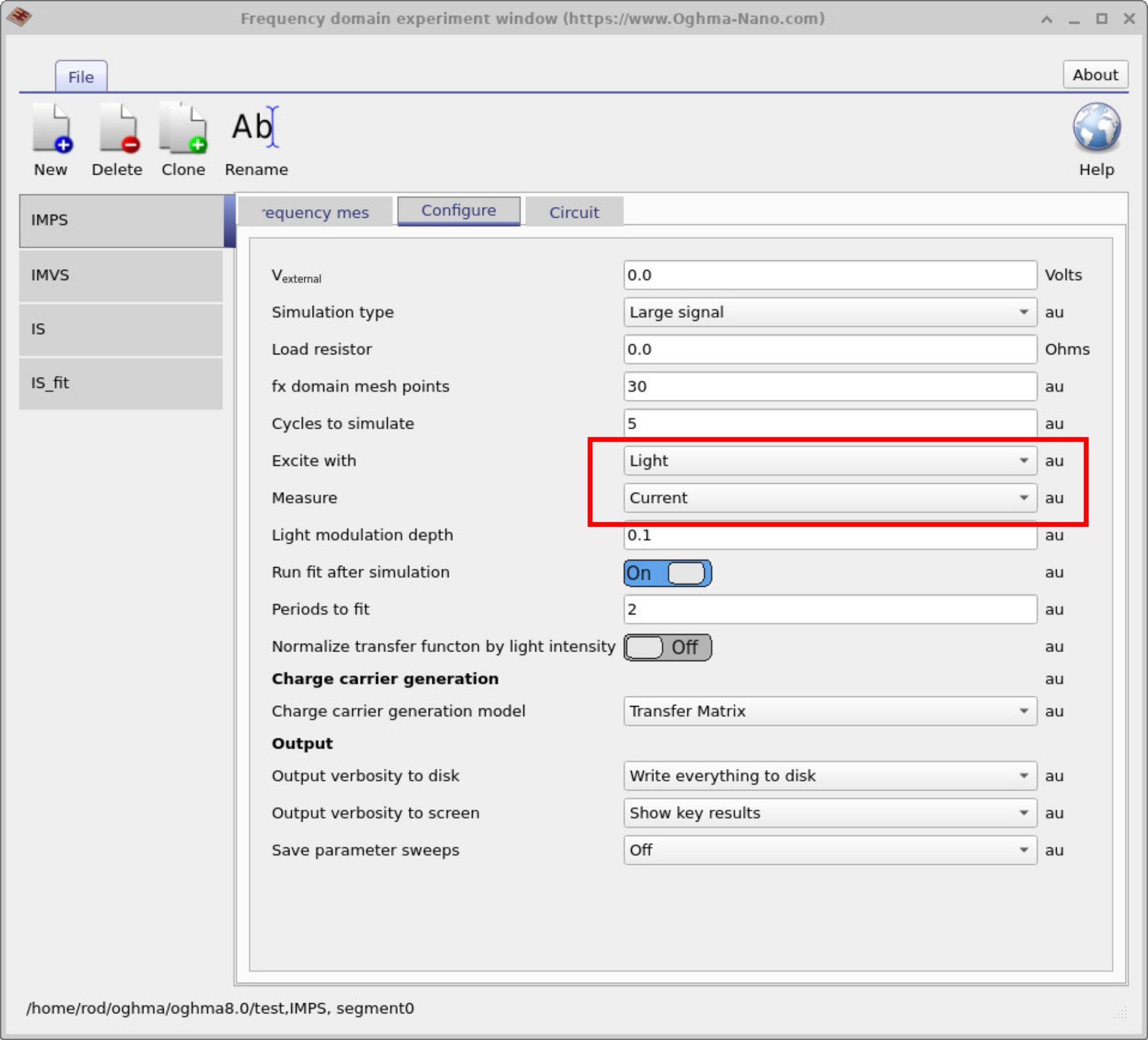 Configure tab for IMPS: Vexternal, simulation type, and key choices 'Excite with: Light' and 'Measure: Current', plus light modulation depth.
