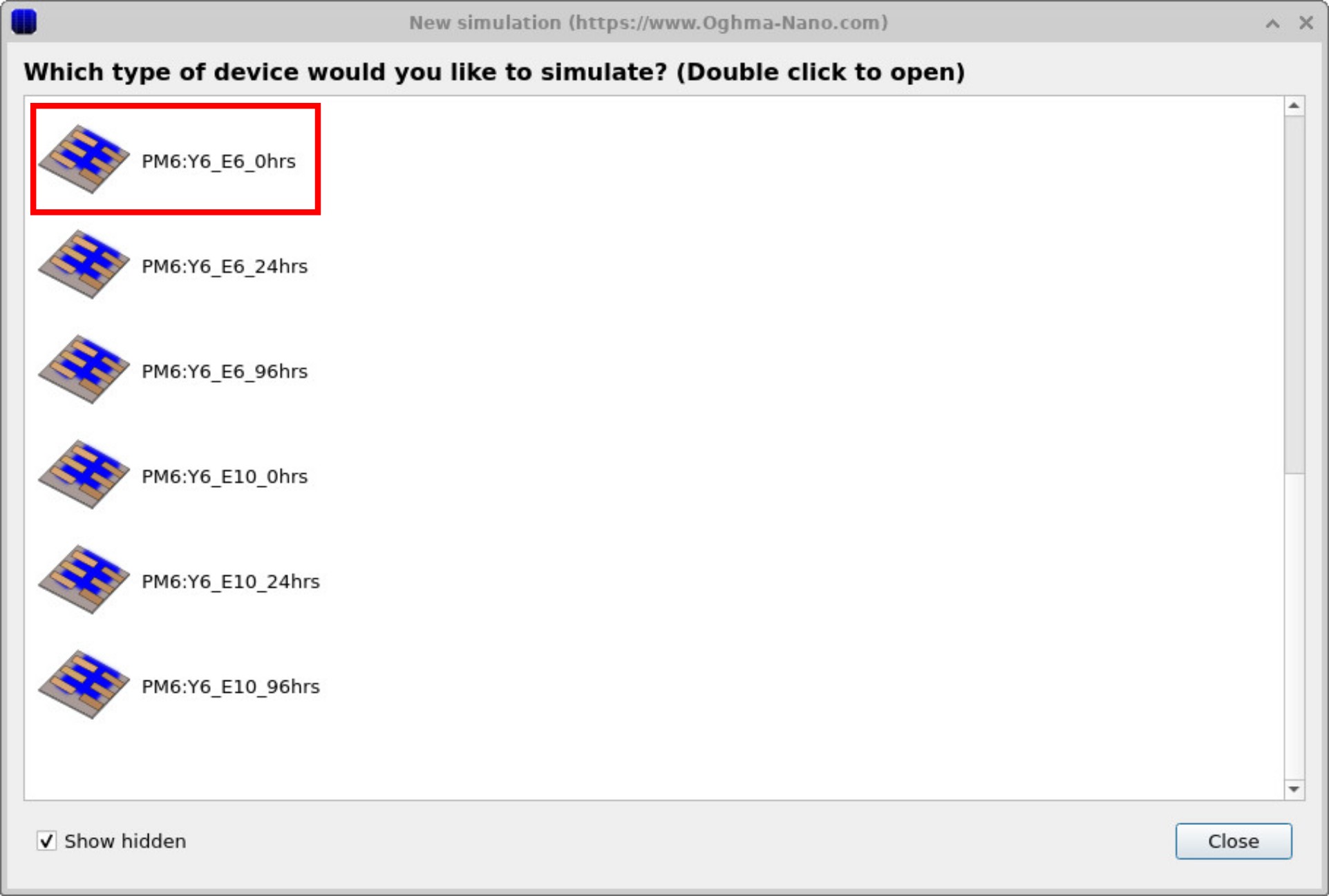 Template list showing PM6:Y6 demo devices; top entry provides a preconfigured IMPS setup.