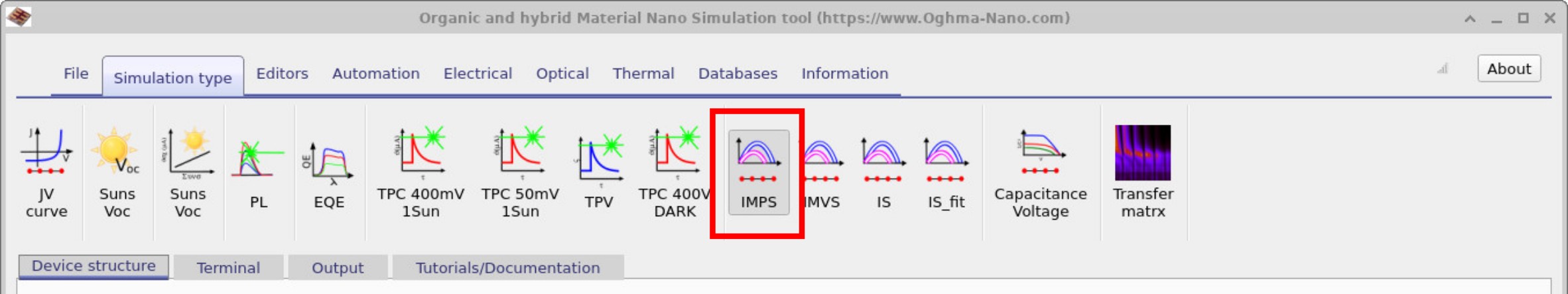 Simulation type ribbon in OghmaNano showing IMPS, IMVS, IS, and related buttons; IMPS is highlighted to indicate it should be selected.