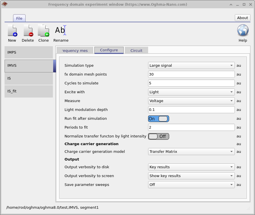 Configure tab for IMVS: simulation type, mesh points, 'Excite with: Light', 'Measure: Voltage', and light modulation depth.