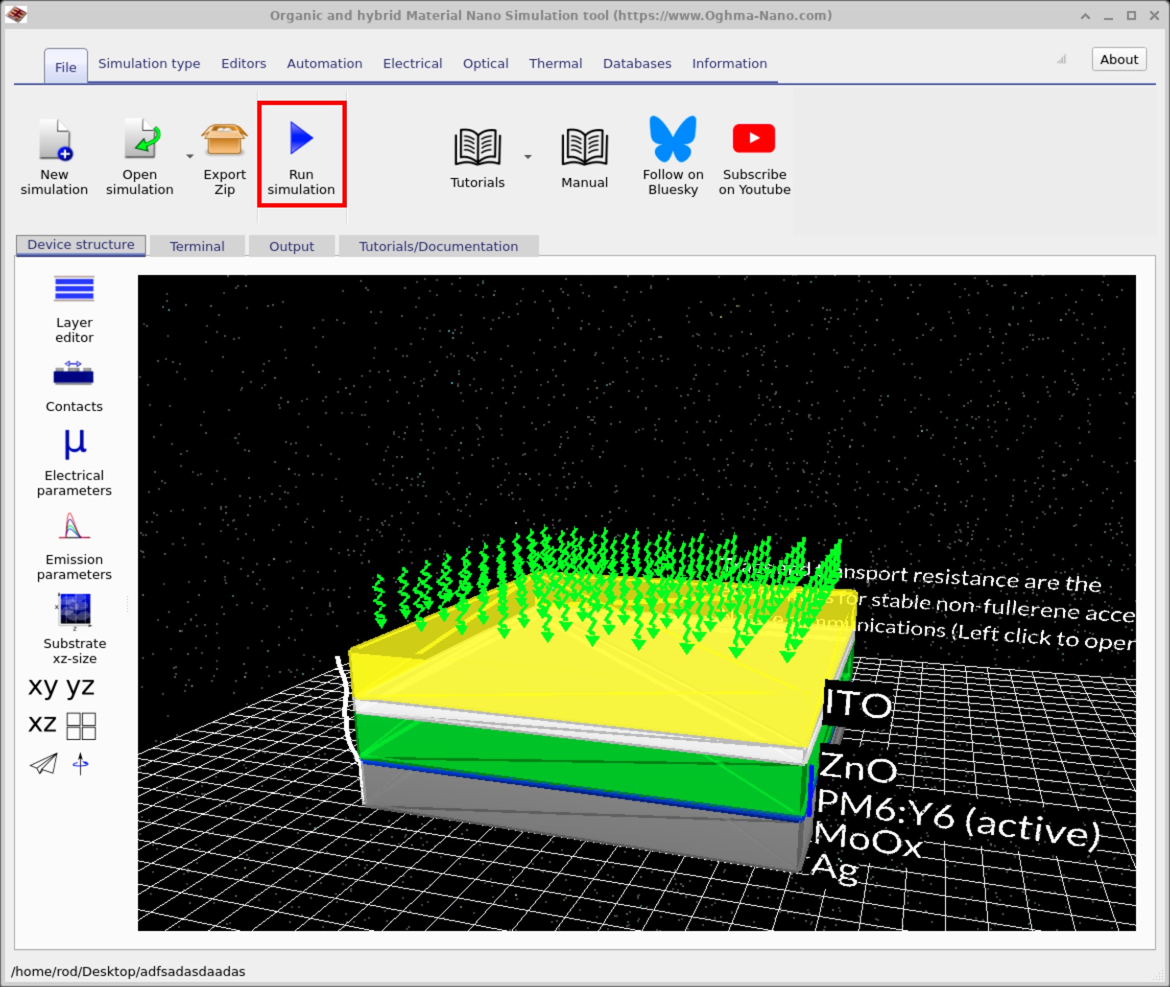 Main OghmaNano window showing the device structure with the Run simulation button highlighted.