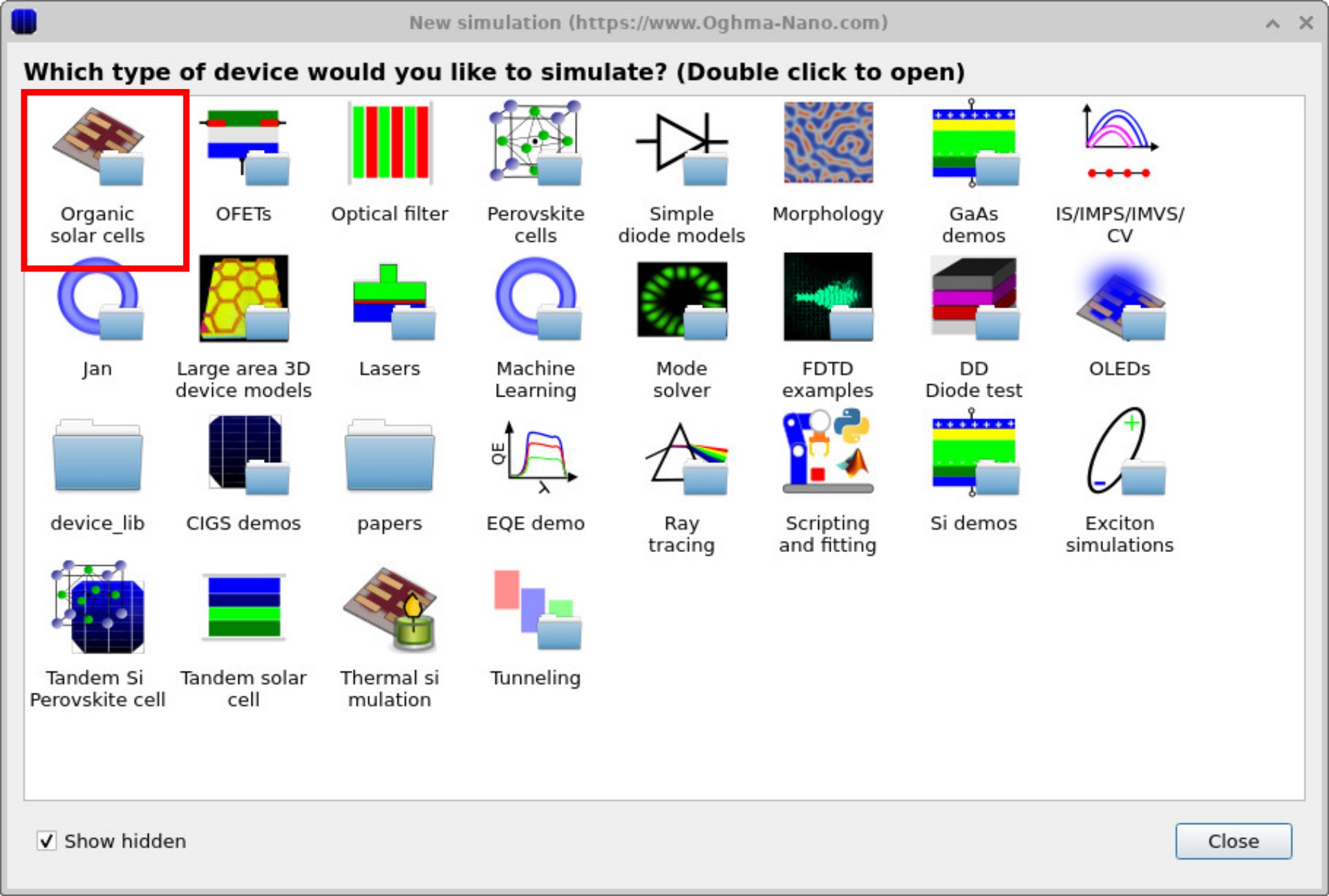 OghmaNano 'New simulation' window with categories; Organic solar cells highlighted.