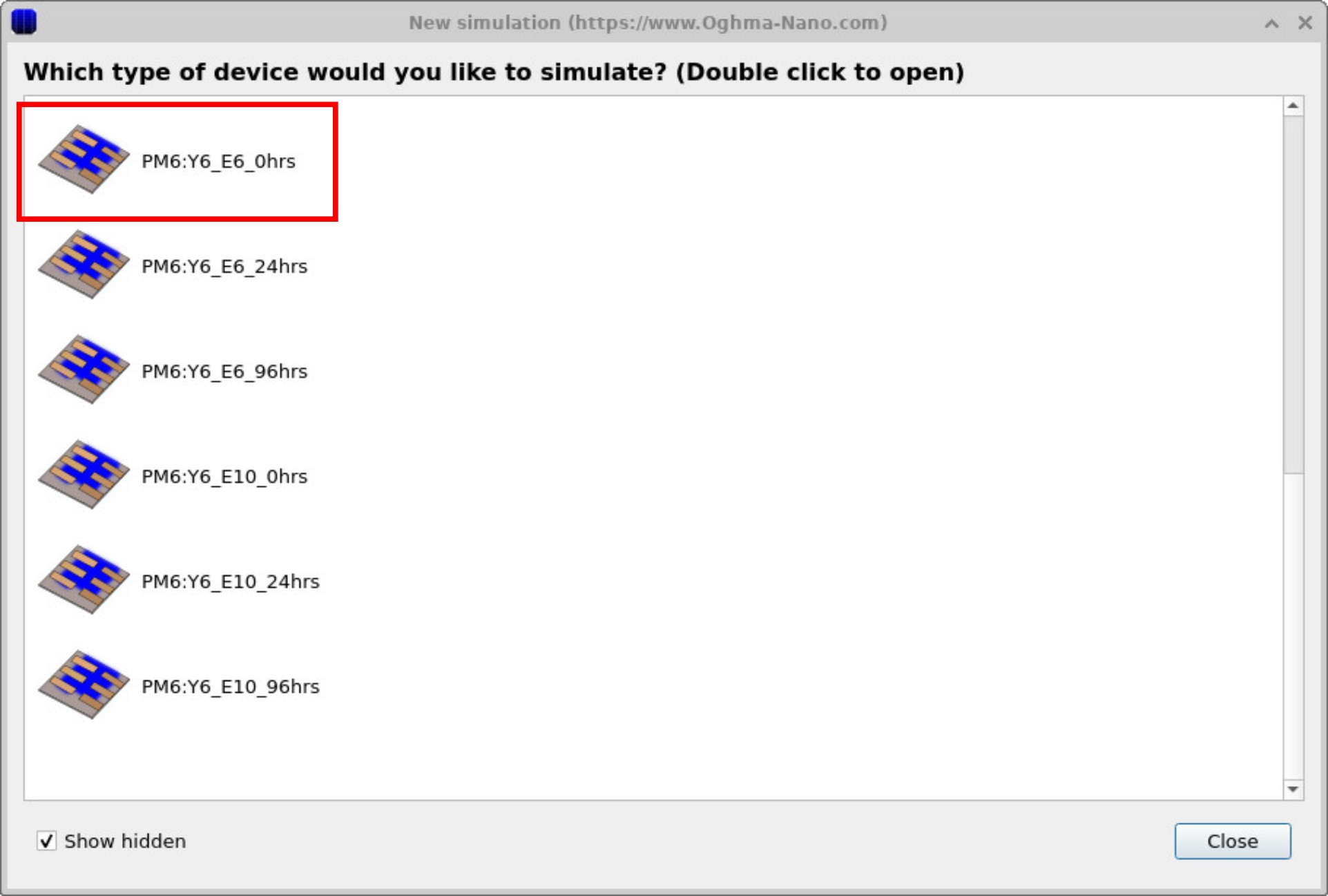 Template list for Organic solar cells showing PM6:Y6 devices (e.g., PM6:Y6_E6_0hrs).