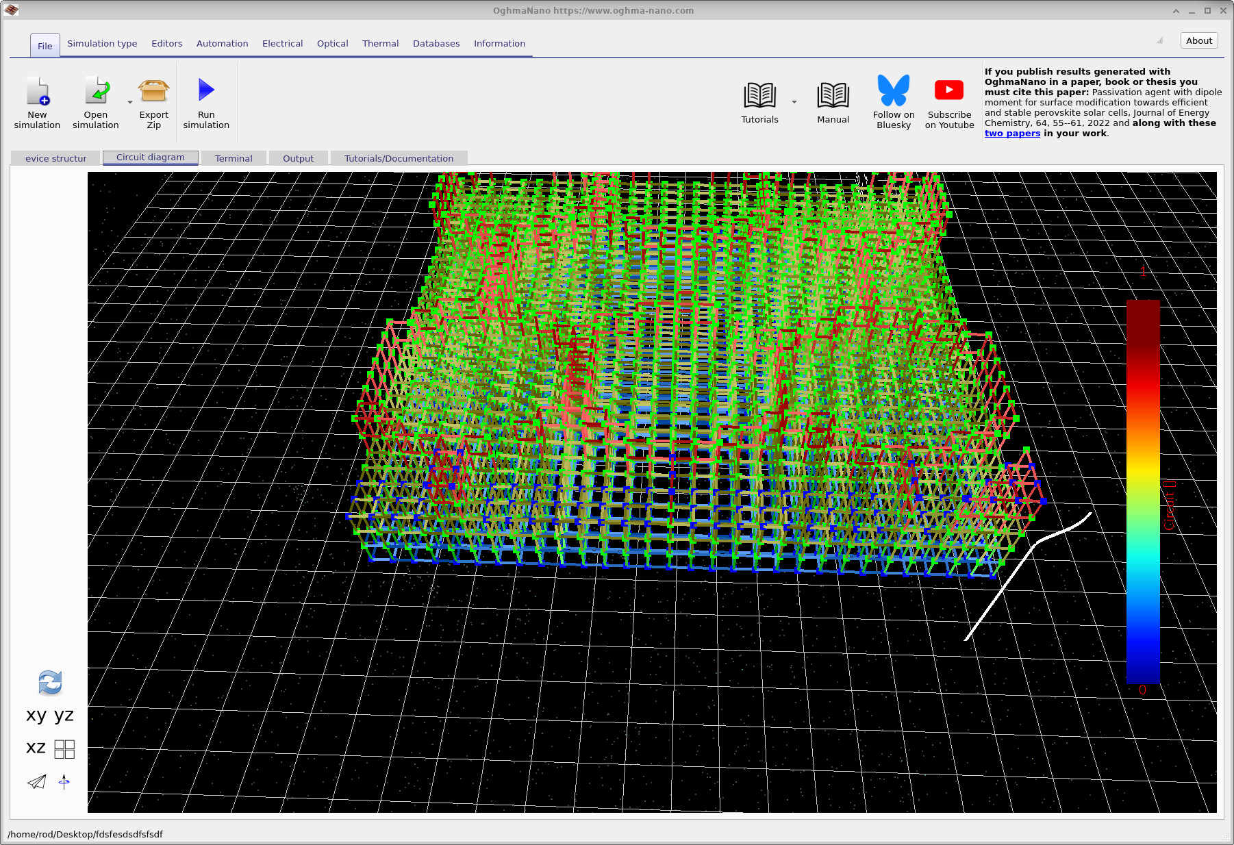 Top view of the circuit mesh showing blue extraction nodes on the top contact and the metal mesh pattern