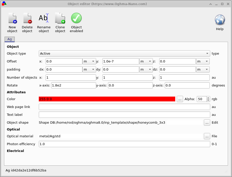 Object editor window showing optical material selection and shape settings for the selected layer