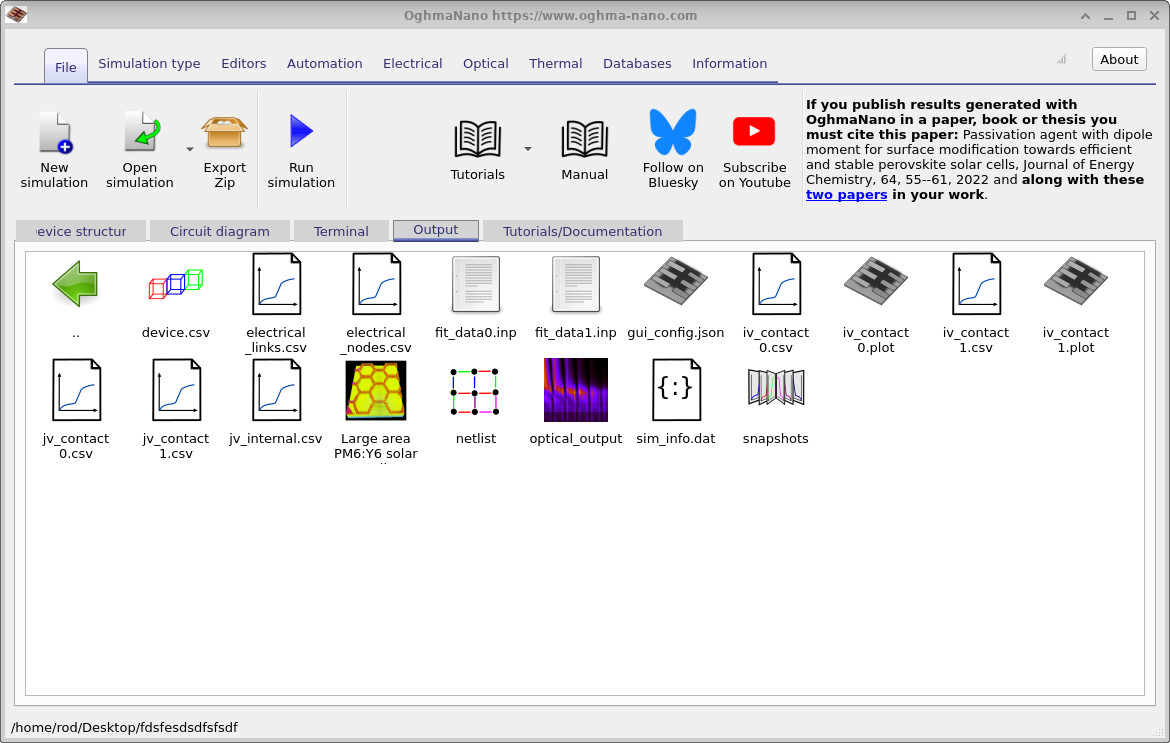 Output tab showing generated result files including JV contact CSVs and plots