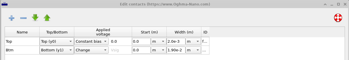 Contacts editor showing top and bottom electrical contacts