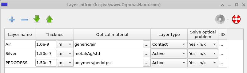Layer editor showing air, silver, and PEDOT:PSS layers