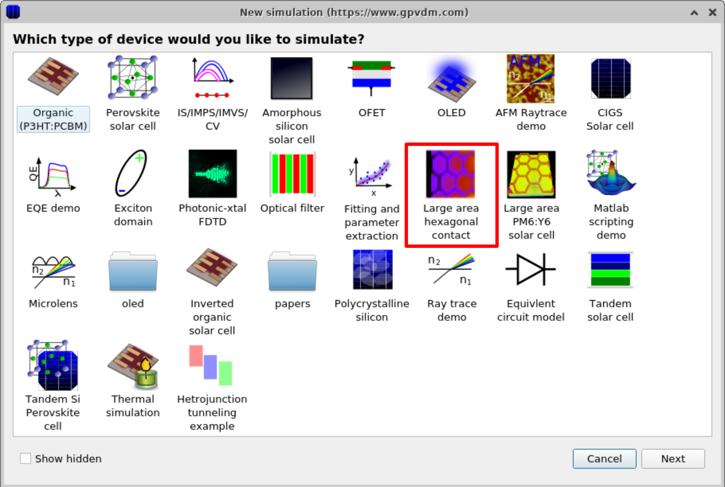 OghmaNano New simulation window with 'Large area hexagonal contact' option highlighted.