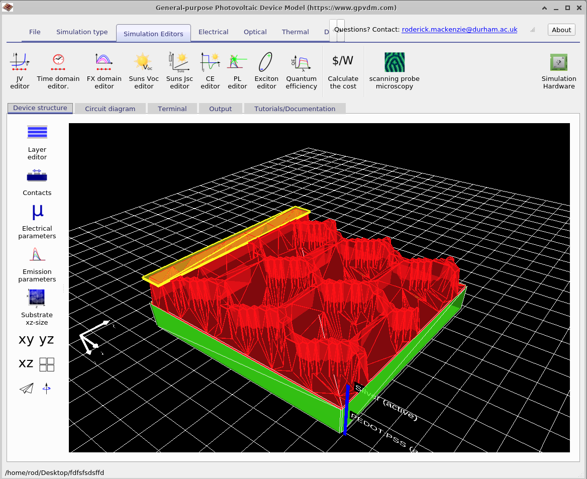 3D visualization of a printed hexagonal contact structure on a PEDOT substrate in OghmaNano.