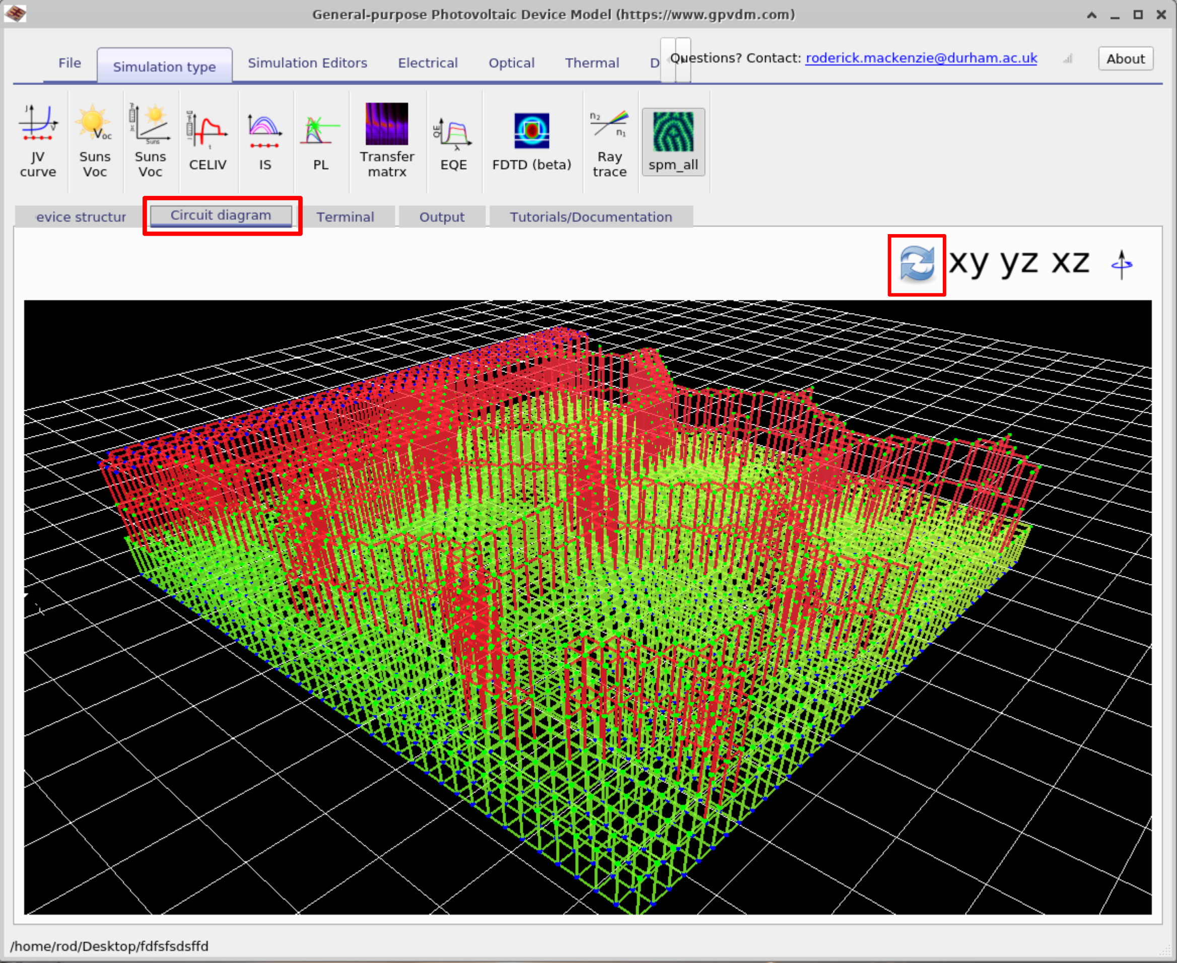 Resistor network generated from the hexagonal contact structure, with each line representing an individual resistor.