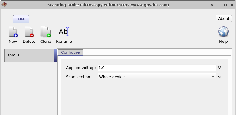 Scanning Probe Microscopy editor in OghmaNano, showing options to set the applied voltage and select whether to scan the whole device or a subsection.