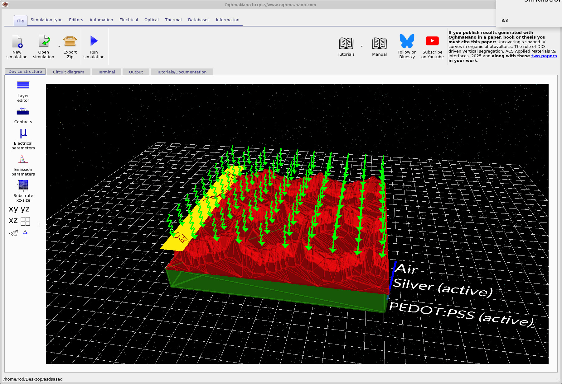 3D view of a large-area hexagonal contact structure in OghmaNano