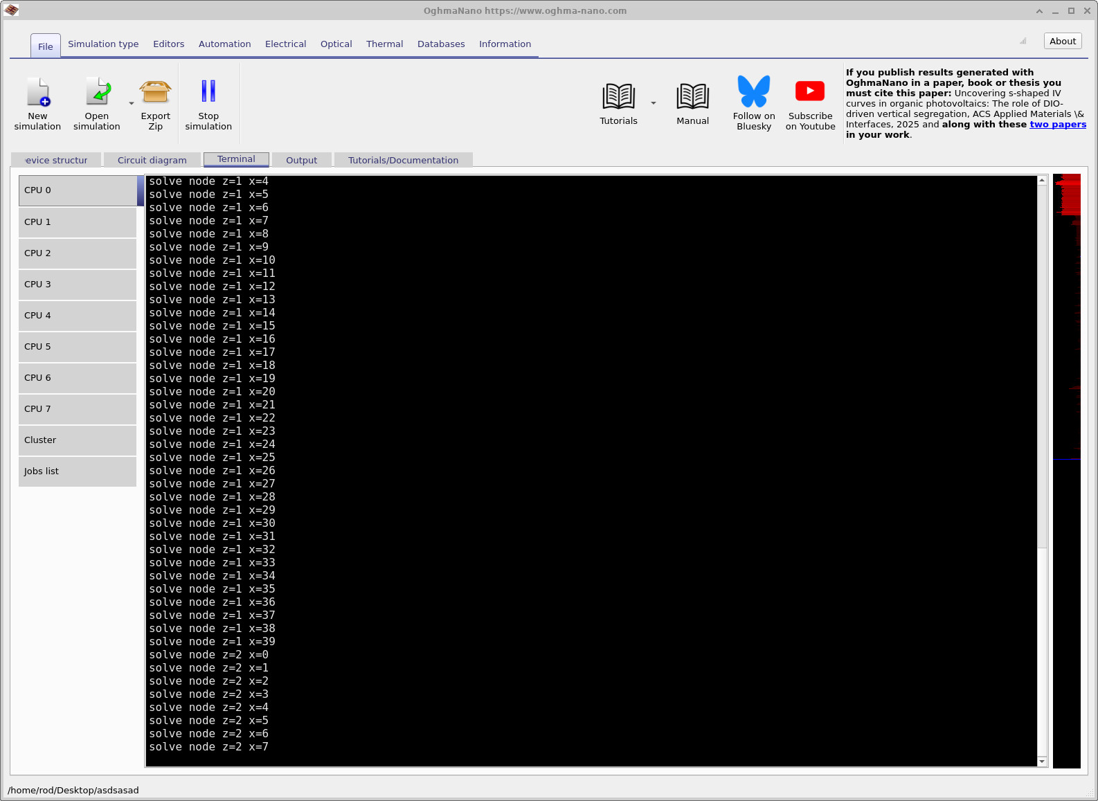 Terminal output during scanning simulation showing solve node z and x indices