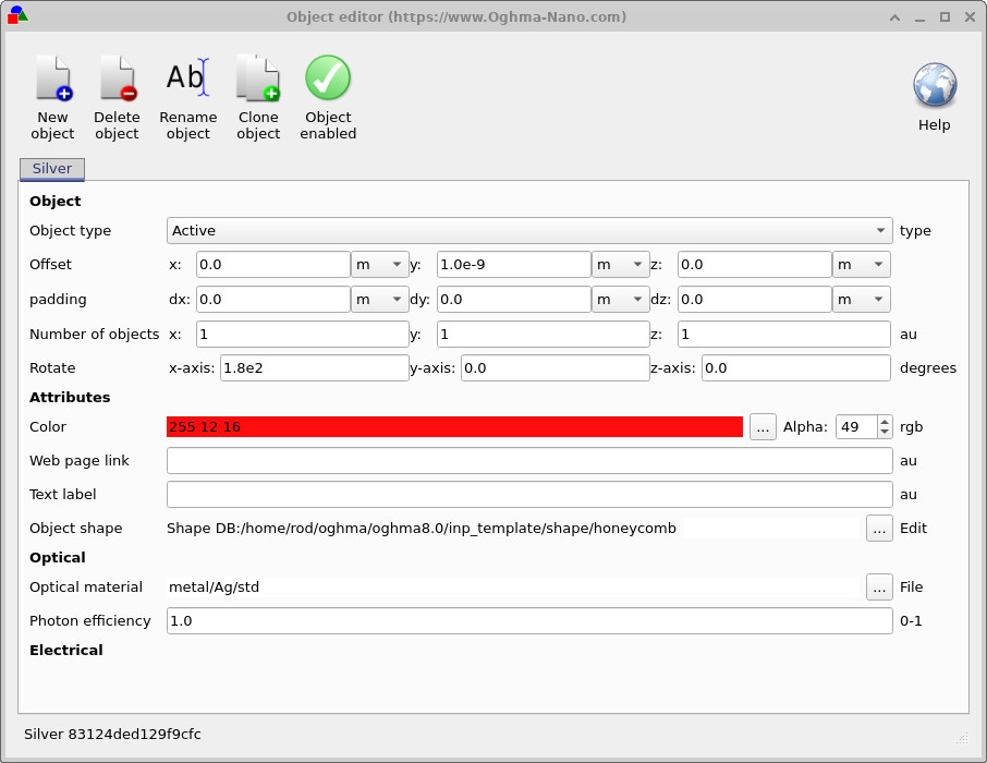 Object editor showing colour, optical material, and object shape from the shape database