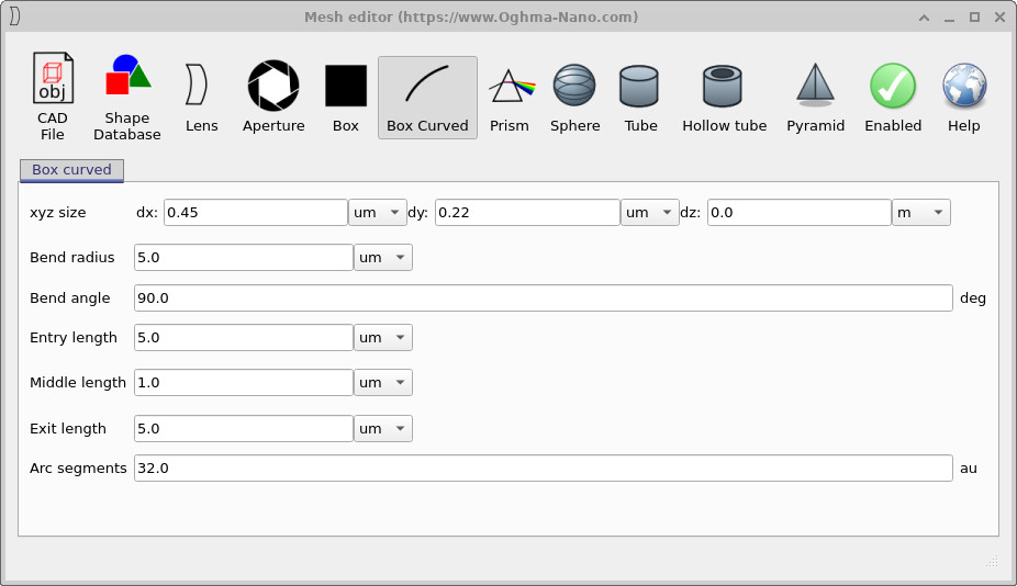 Mesh editor showing parameters for the curved waveguide element.