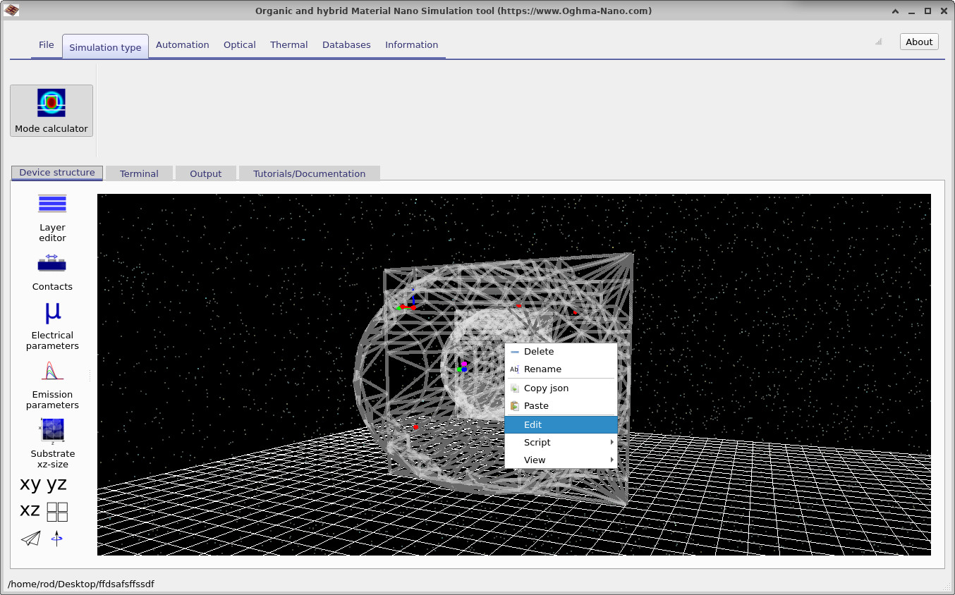 OghmaNano 3D view showing the geometry of an optical fiber with an inner core object inside an outer cladding object. The right-click menu on the inner core is open.