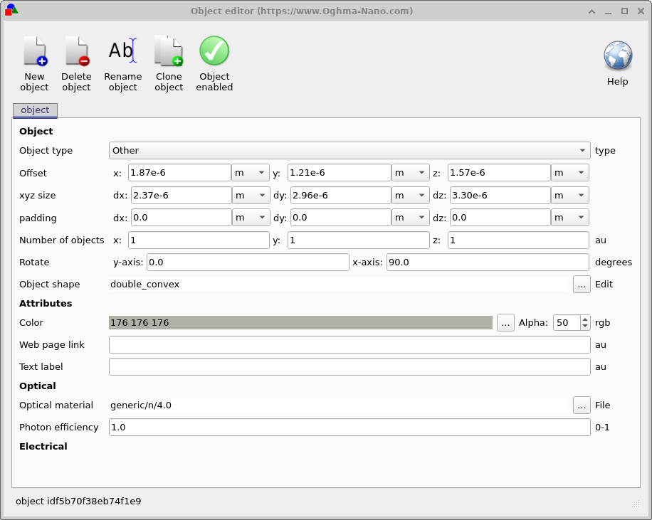 OghmaNano object editor window showing options to configure the selected object including material, shape, position, and orientation.