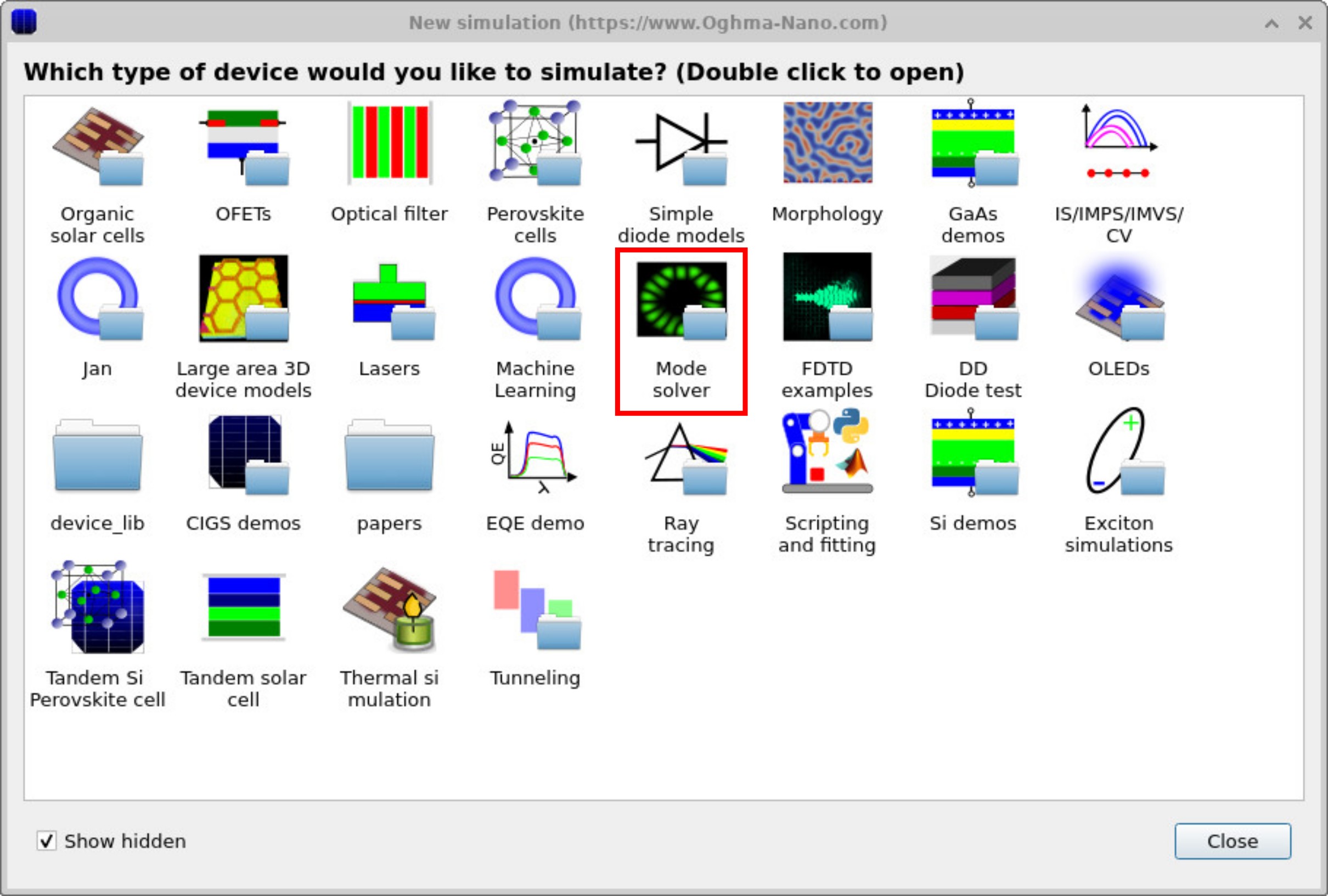 OghmaNano new simulation window with the Mode Solver folder highlighted.