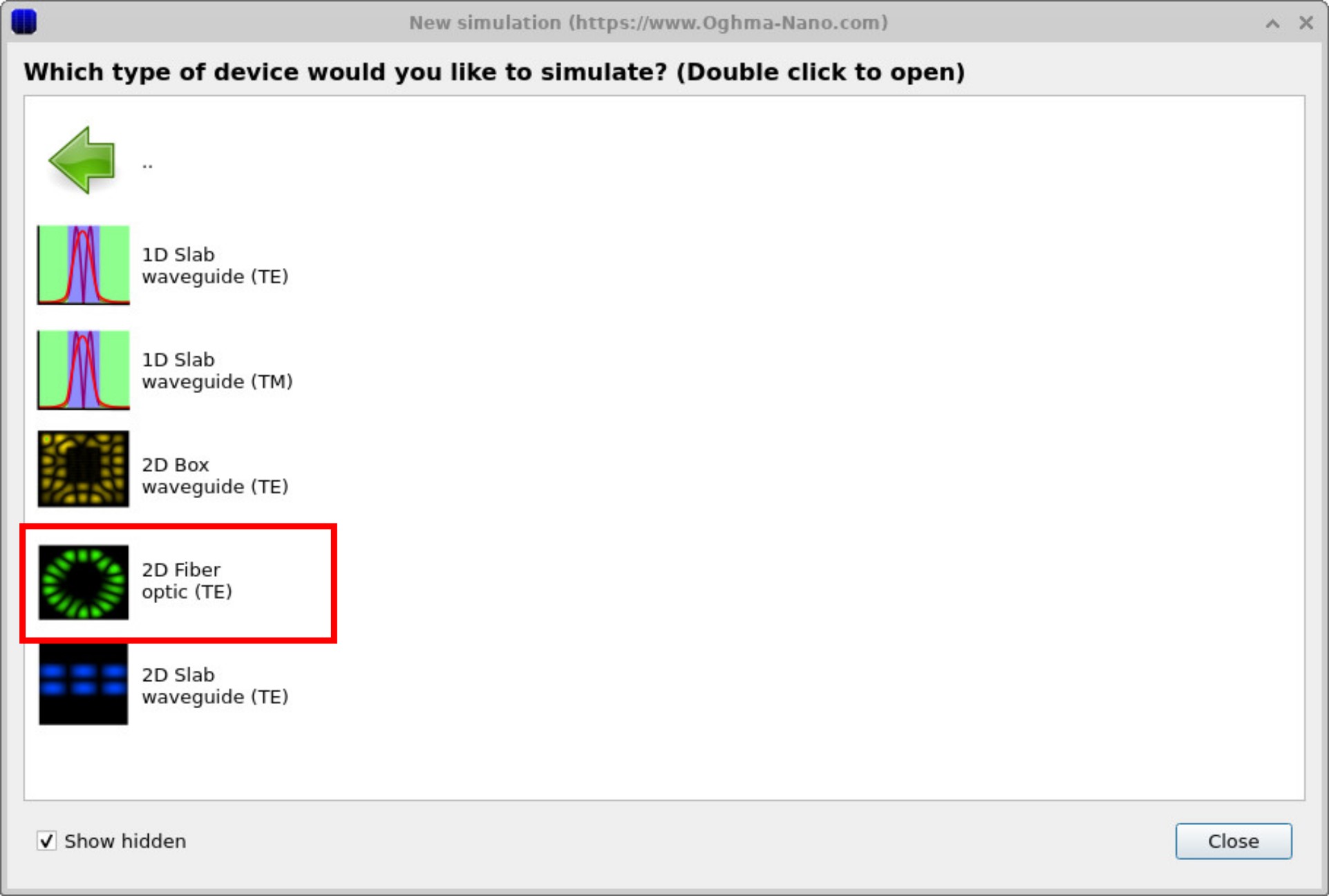OghmaNano Mode solver examples list showing options such as 1D Slab waveguide (TE/TM), 2D Box waveguide, 2D Fiber optic, and 2D Slab waveguide