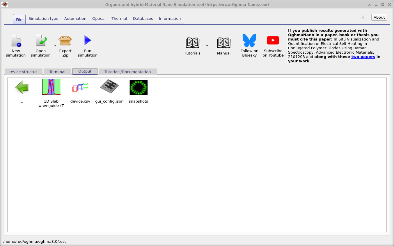 OghmaNano output window showing the snapshots icon to open optical mode profiles.