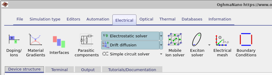 Electrical ribbon showing electrostatics and drift-diffusion controls
