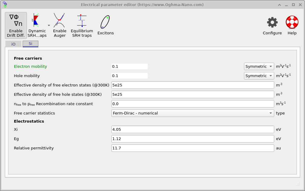 Electrical parameter editor for Si (carrier transport and electrostatics)