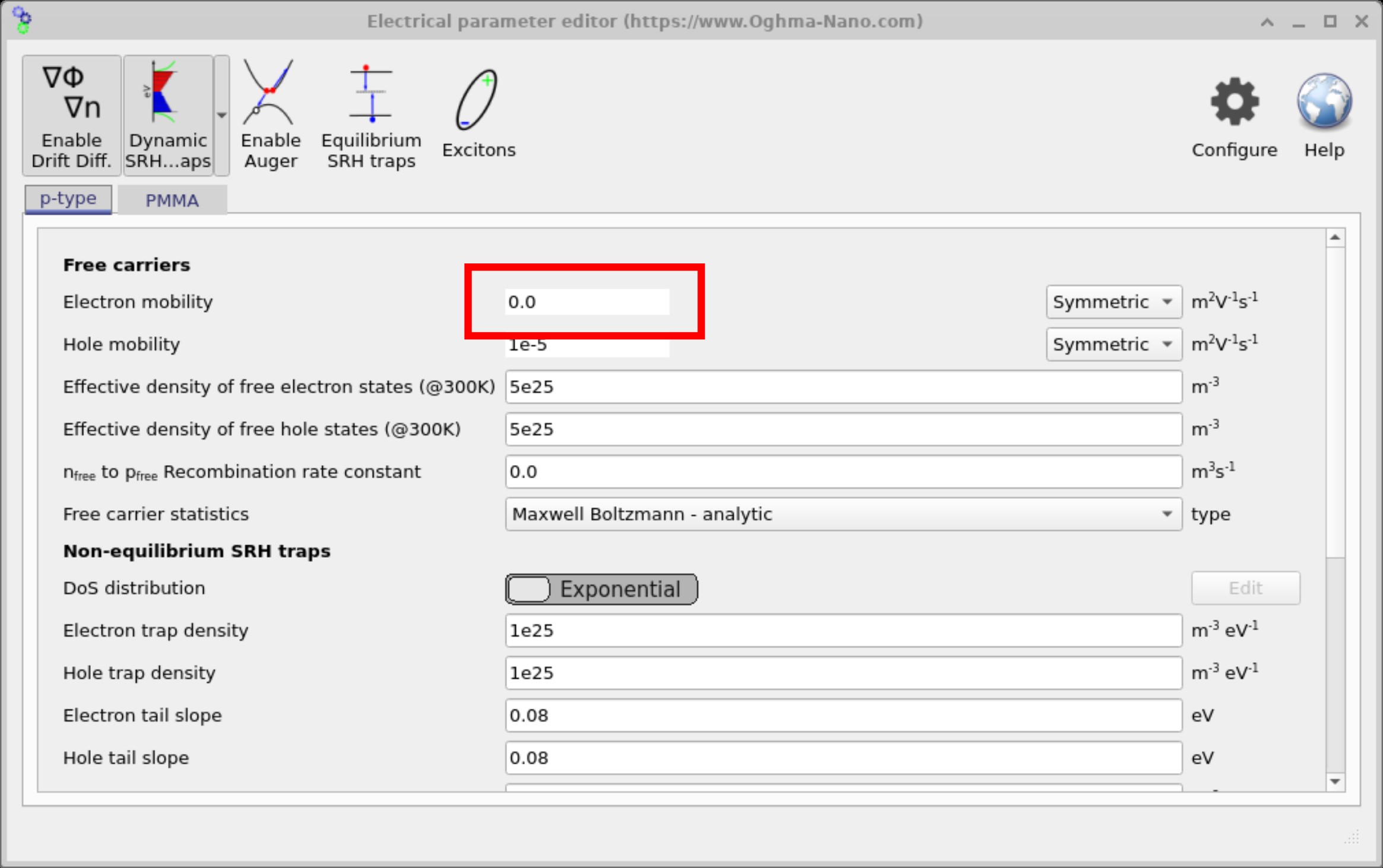 Electrical parameters editor with mobility set to 0, a non-physical value that prevents carrier transport and causes solver errors.