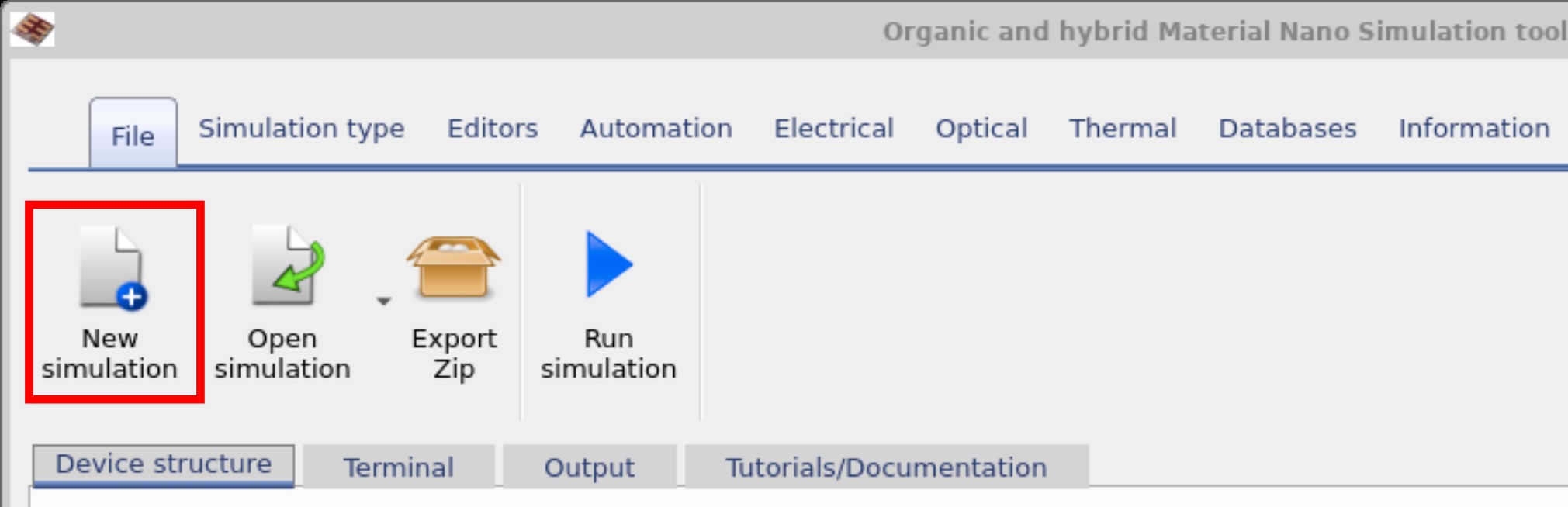 OghmaNano simulation window showing the 'New Simulation' button for starting a new OFET project