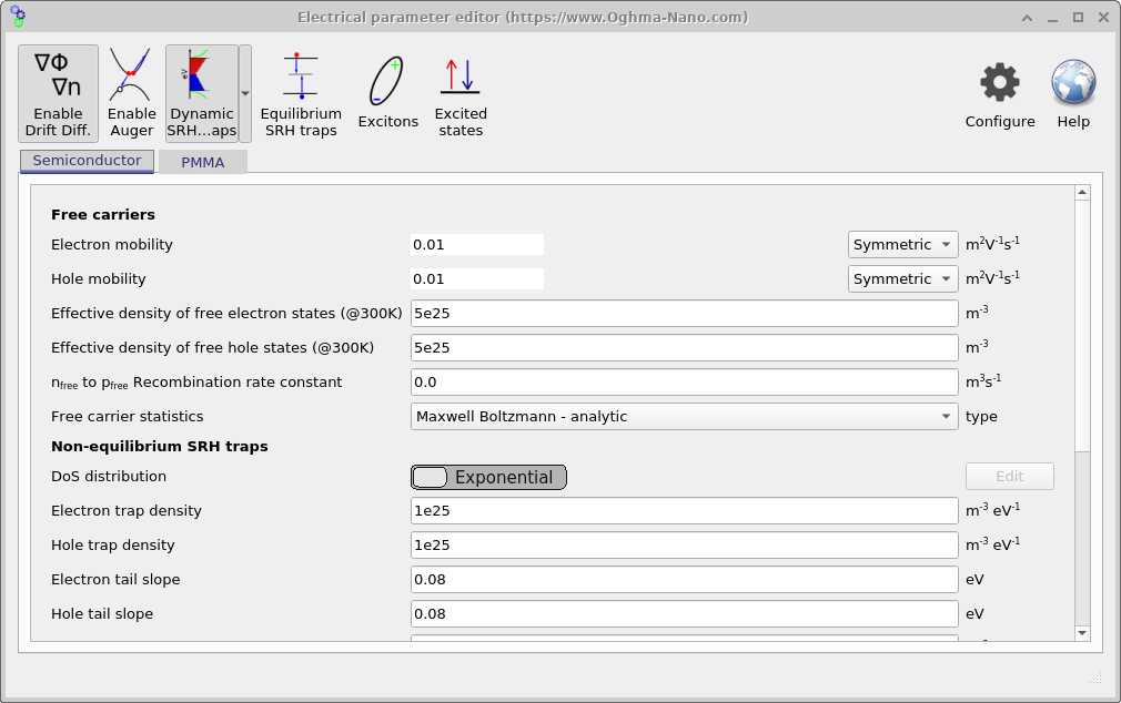 OghmaNano Electrical Parameters editor showing semiconductor settings including mobilities, trap densities, density of states, and recombination constants.