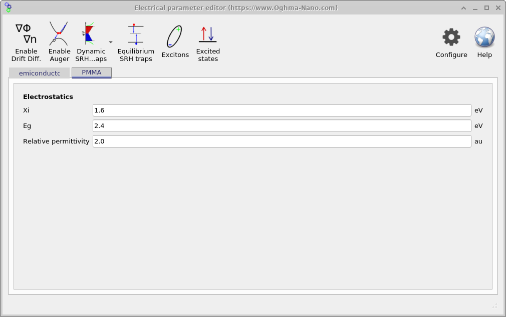 OghmaNano Electrical Parameters editor showing PMMA insulator settings including electron affinity, band gap, and relative permittivity.