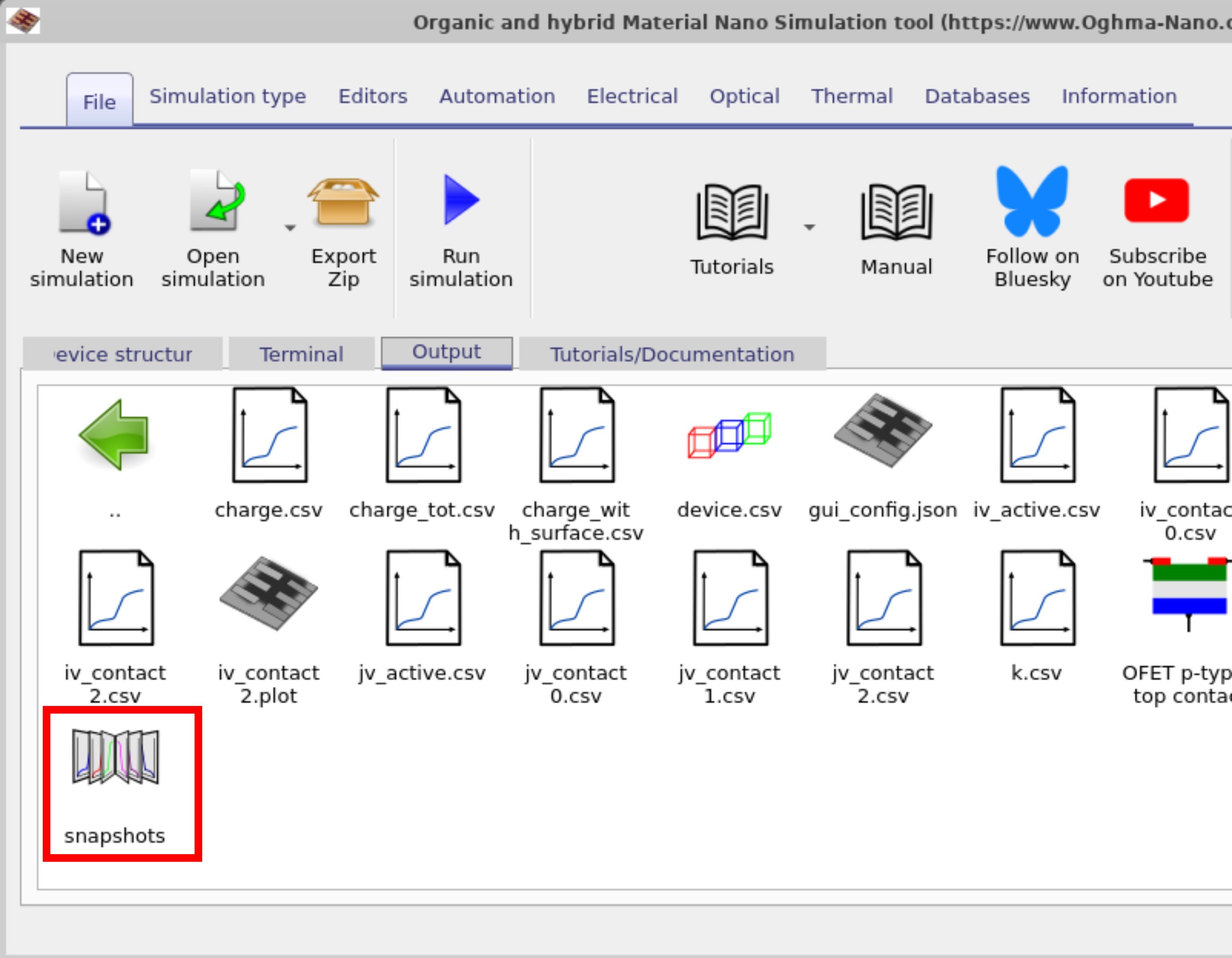 OghmaNano Output tab with the snapshots folder highlighted. Double-click the snapshots icon to open the snapshots viewer.