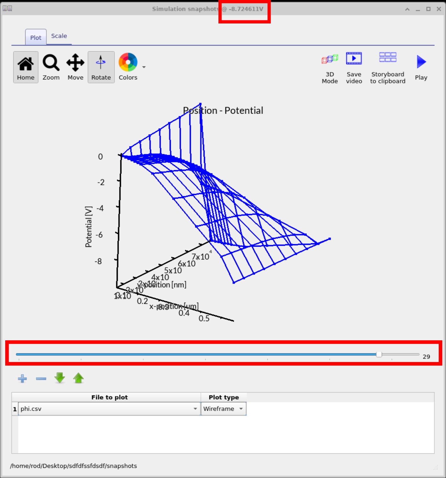 Snapshots window in OghmaNano showing φ (potential) distribution across the OFET at +1.0 V