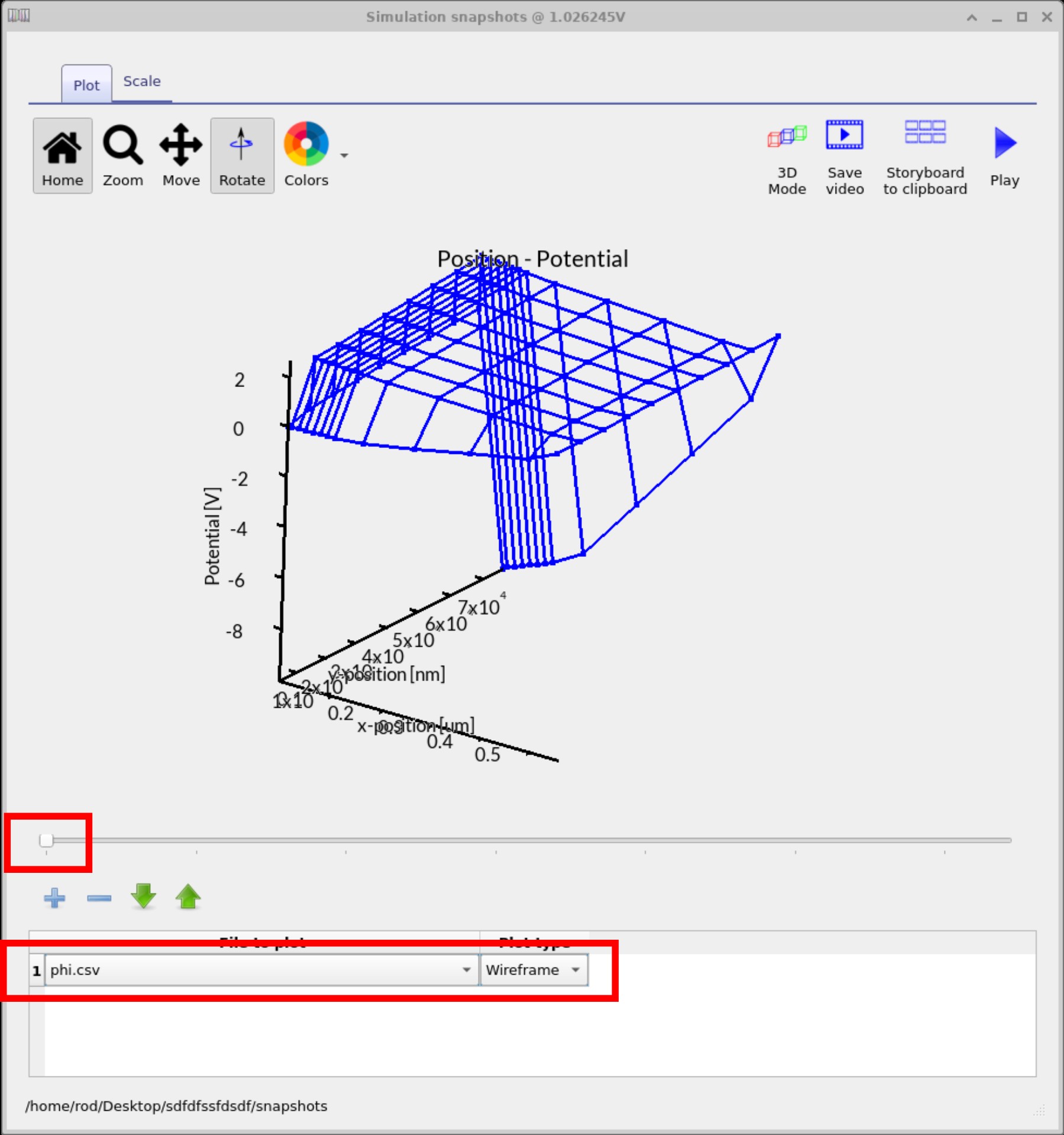 Snapshots window in OghmaNano showing φ (potential) distribution across the OFET at −3.2 V