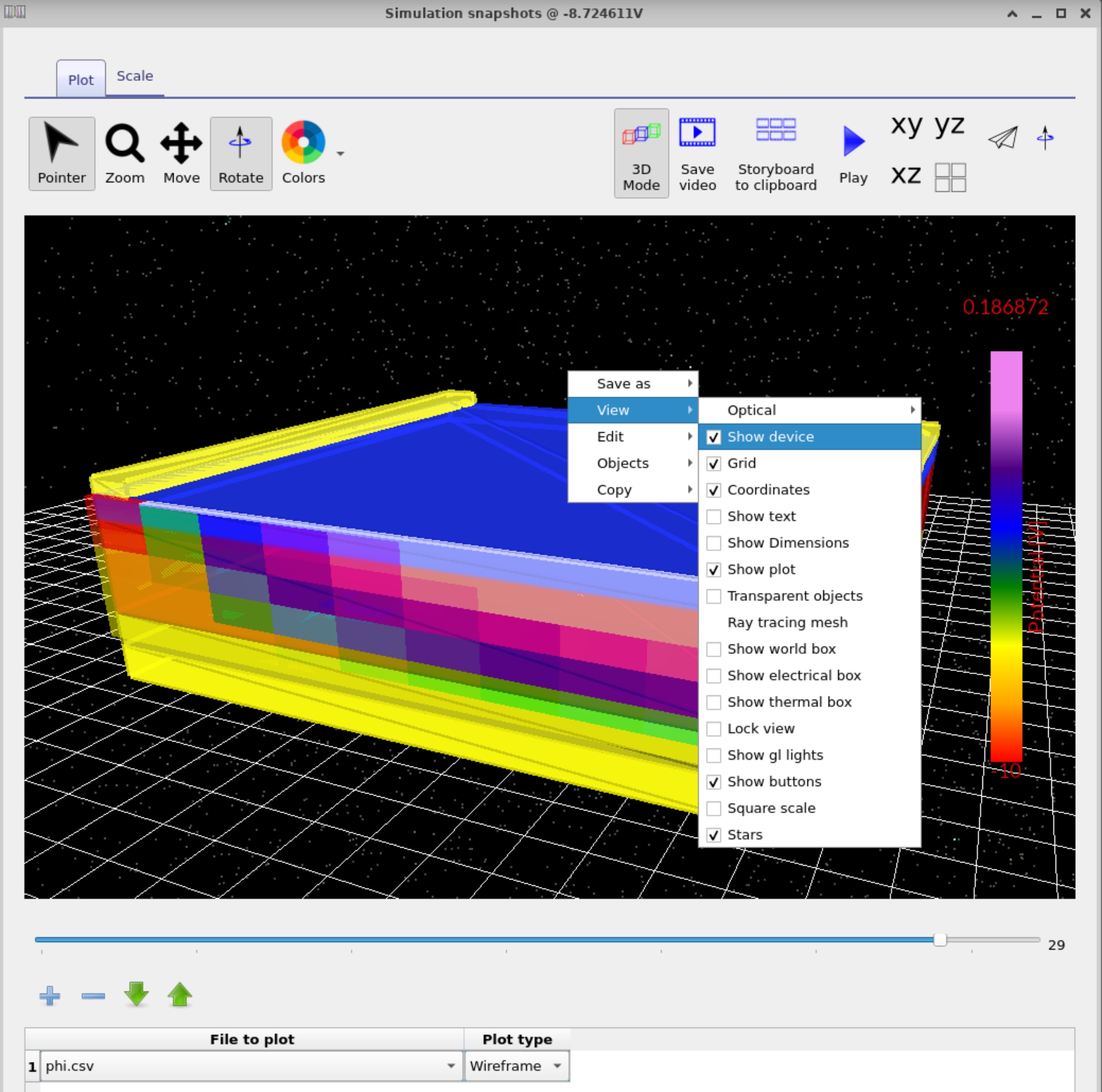 Snapshots window in OghmaNano with customised colours and device geometry overlay enabled, showing φ in 3D with visible device structure