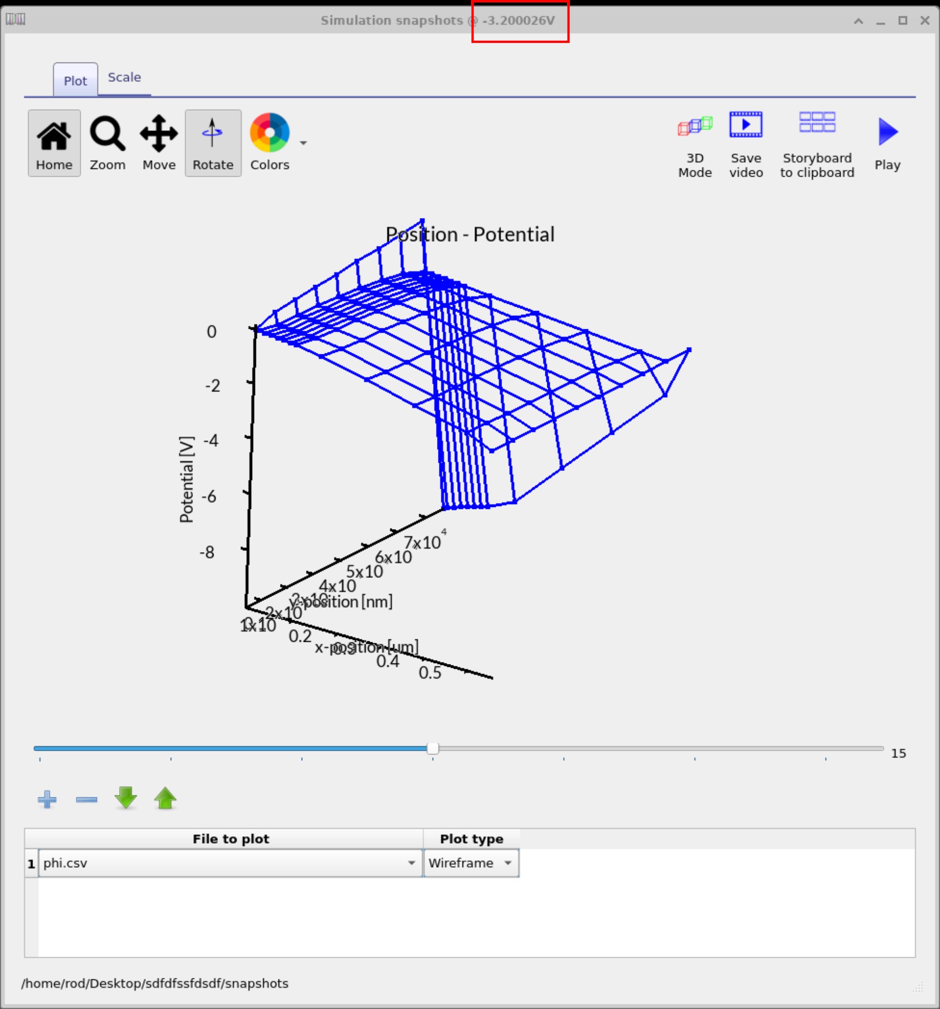 Snapshots window in OghmaNano showing φ (potential) distribution across the OFET at −8.7 V