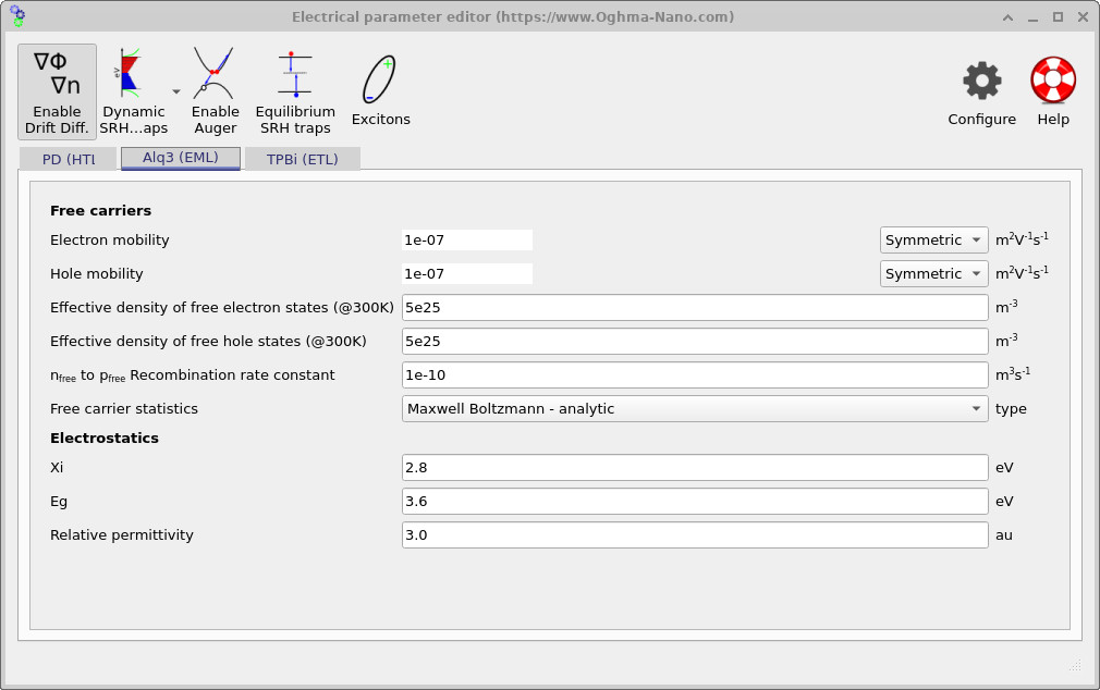 OghmaNano Electrical parameter editor showing the Alq3 (EML) tab with free-carrier parameters and electrostatics parameters used for the emissive layer.