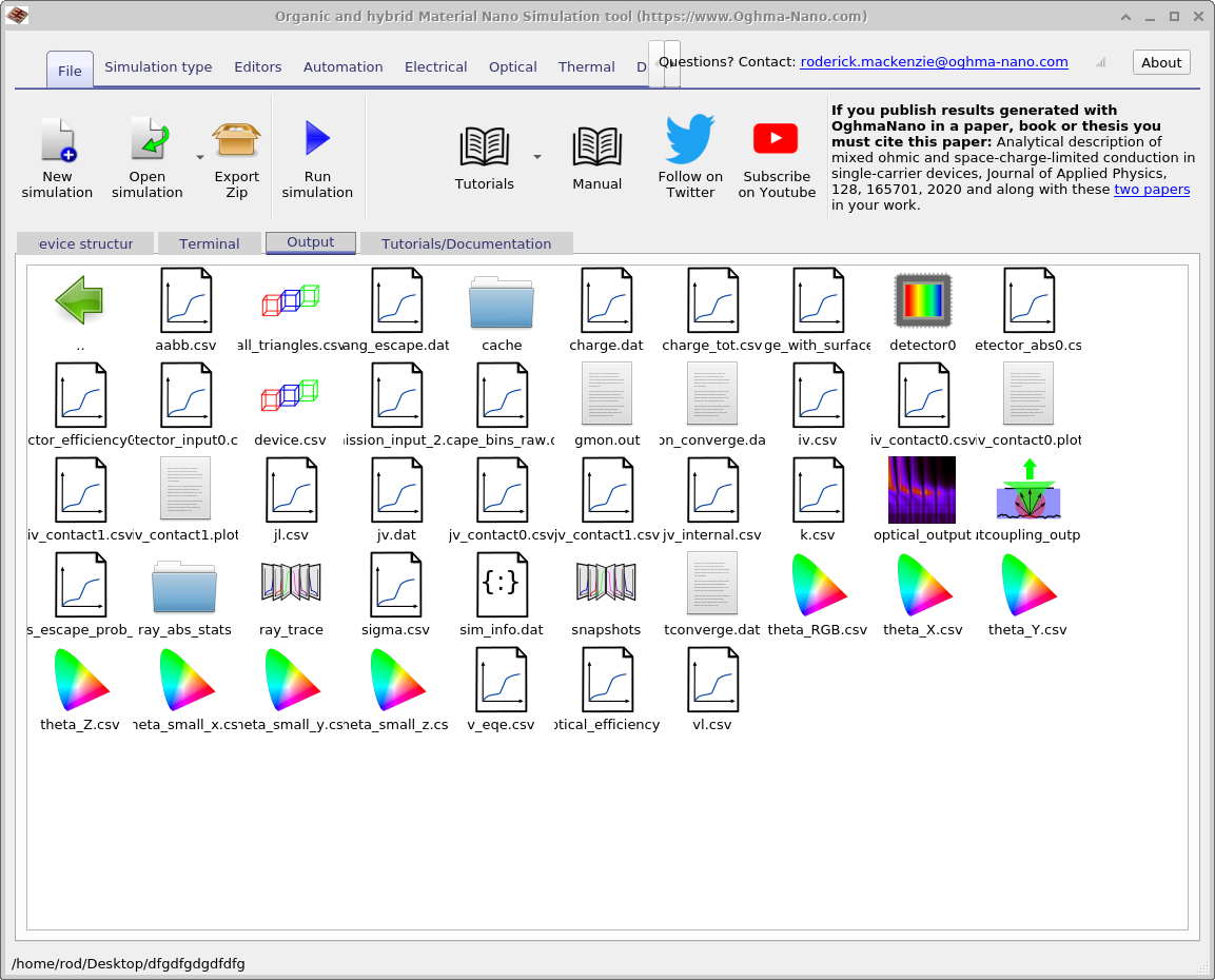Main OghmaNano window showing output files from a combined drift–diffusion + ray-tracing run, including angle-resolved RGB and CIE (x,y,z / X,Y/Z) data.