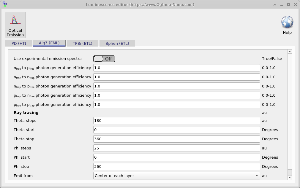 Emission parameters window with 'Use experimental emission spectra' Off. Additional fields appear for photon-generation efficiencies: nfree→pfree, nfree→ntrap, ntrap→pfree, ptrap→nfree, pfree→ptrap (each 0.0–1.0). Ray tracing theta/phi ranges and steps plus Emit from are also shown.